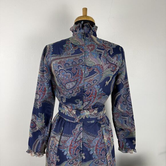 Vintage 70s Paisley Chiffon Maxi Boho Dress | High Neck Ruffle Collar - Picture 6 of 12